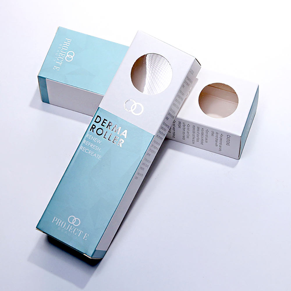 custom blue cosmetic paper packaging box with small window