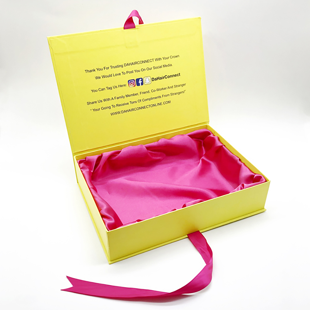 custom yellow hair packaging box with satin tray and ribbon