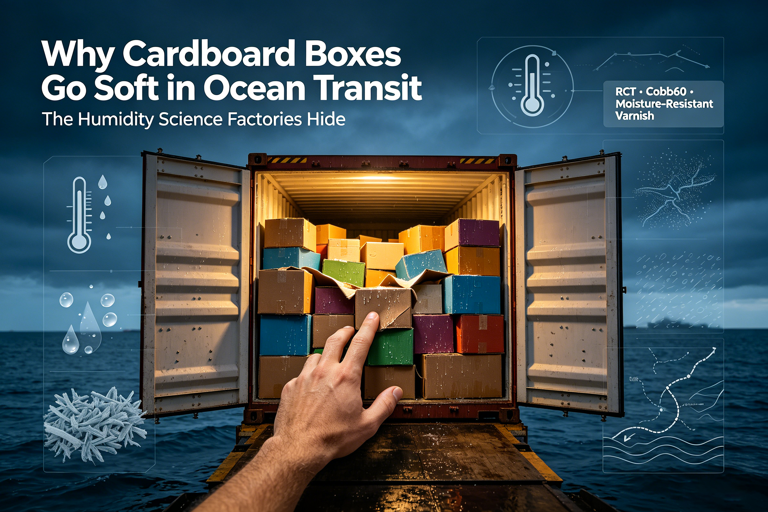 Temperature swings across the ocean create "container rain" that weakens paper fiber bonds, turning rigid custom cardboard boxes soft and structurally compromised.