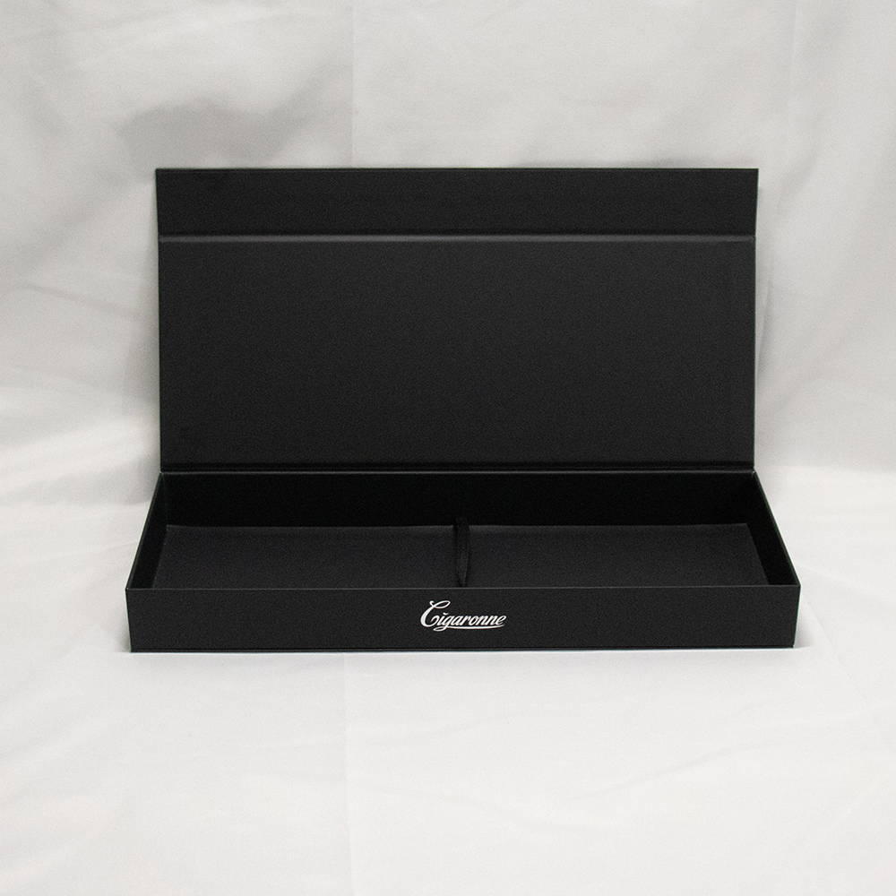 Custom Black Box Magnet Packaging with Custom Foam and Satin Ribbon Pulls