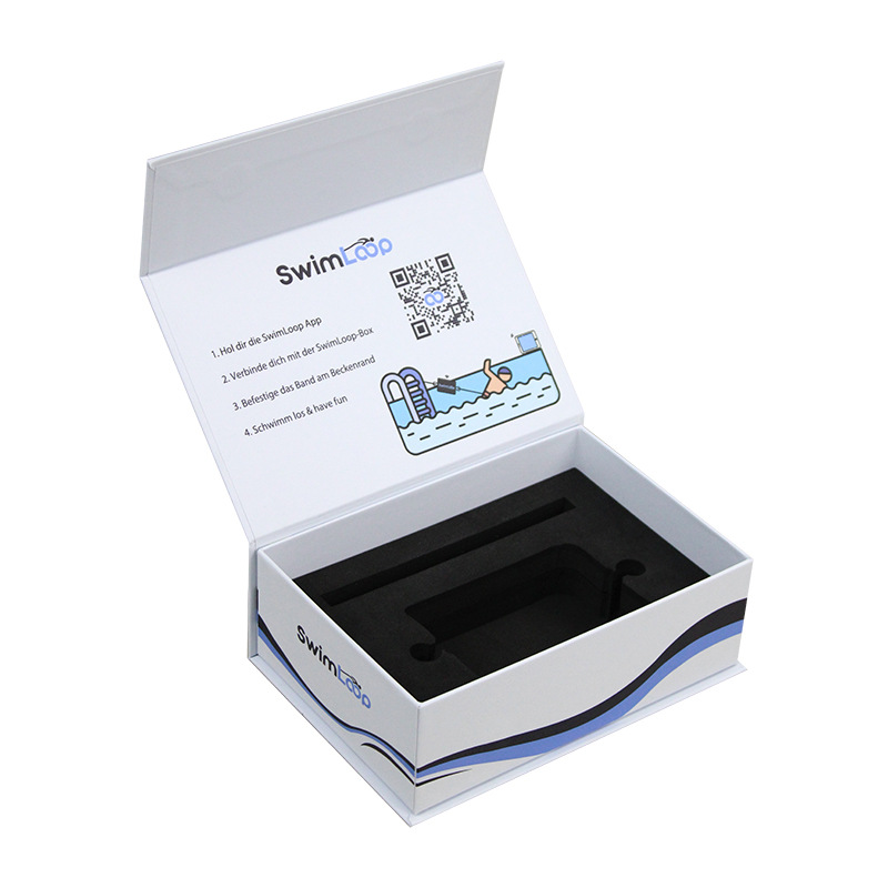 Custom printed white magnetic box with protective foam insert for electronics