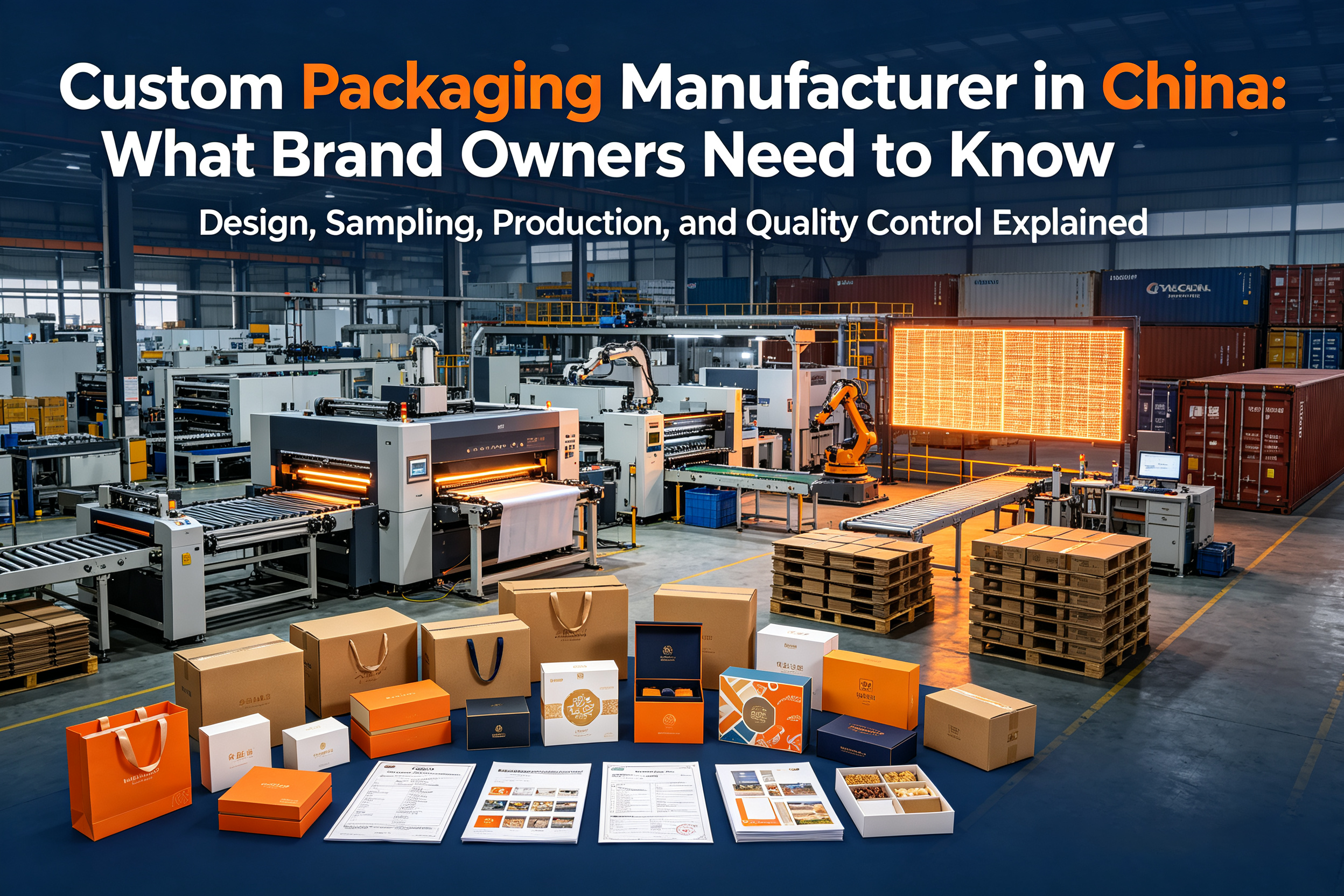 Full-service Chinese custom packaging manufacturer with 20+ years experience: in-house design, raw material testing, climate-controlled production, strict remote QC, and worldwide export shipping for luxury custom cartons & gift boxes.