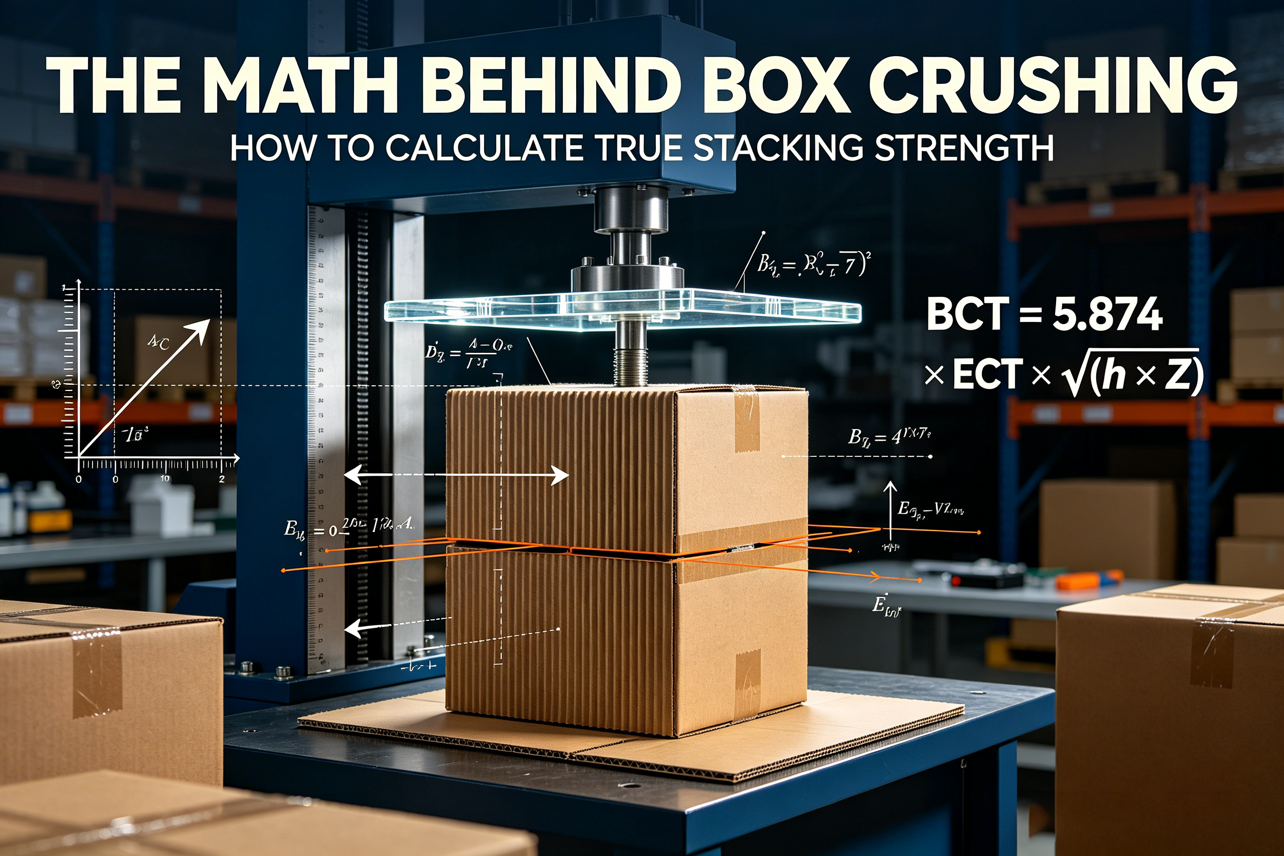 Industrial box compression test being performed by a cardboard box manufacturer to measure stacking strength